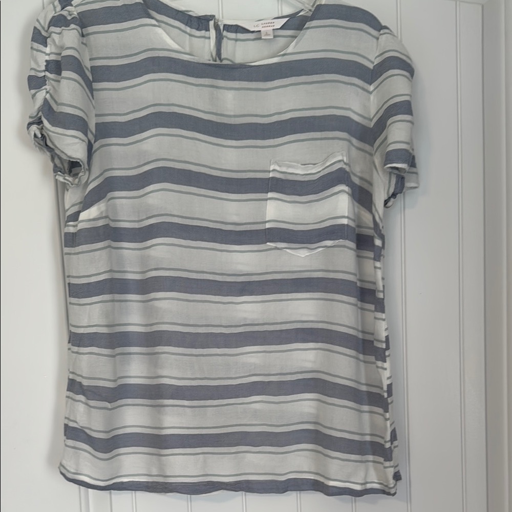 LC Lauren Conrad White and Blue Blouse with Short Sleeves